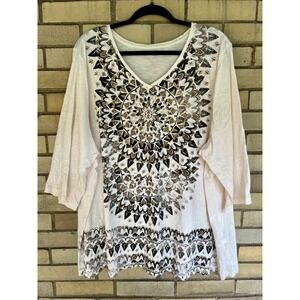 Catherines White Mandala Graphic V-Neck 3/4 Sleeve Top Size 3X 26/28W